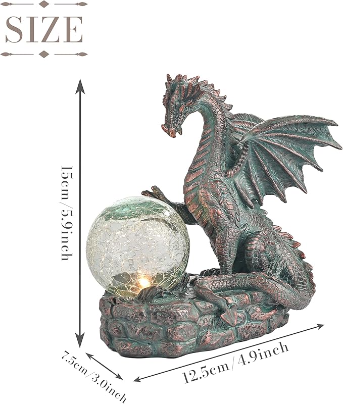 TERESA'S COLLECTIONS Dragon Outdoor Statues with Solar Crackle Globe Light, Resin Bronze Gothic Garden Decor,Touching Magic Ball Resin Lawn Ornaments for Patio Yard Decorations Gifts for Mom Dad, 6"