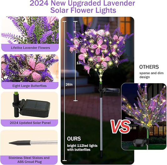 Kohlrabi Solar Garden Lights Outdoor, 6 Pack Solar Butterfly Lights Purple Lavender Gardening Gifts for Women, Artificial Flower with Butterfly Purple Garden Decor for Lawn Patio-Warm White