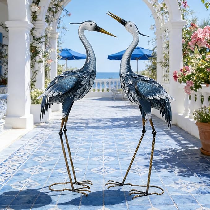 33-35 Inch Blue Heron Garden Statues, Metal Cranes Sculptures Outdoor, Bird Statues Set of 2