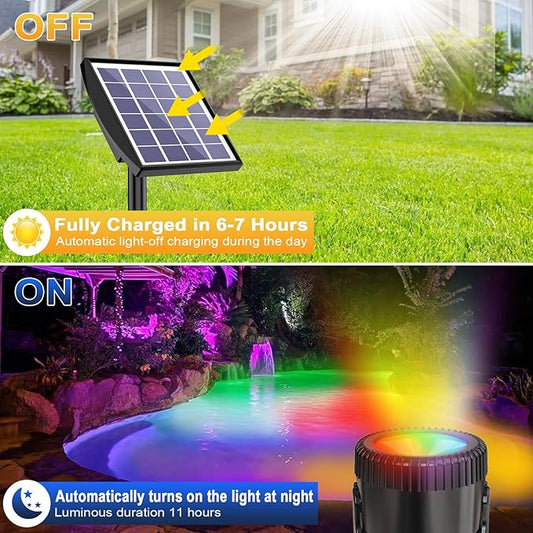 RGB Solar Pond Lights LED Underwater, 13 Lighting Modes Submersible Pond Lights, Smart Auto ON/Off Color Changing Landscape Spotlights with IP68 Waterproof for Outdoor Ponds Garden Patio Decor