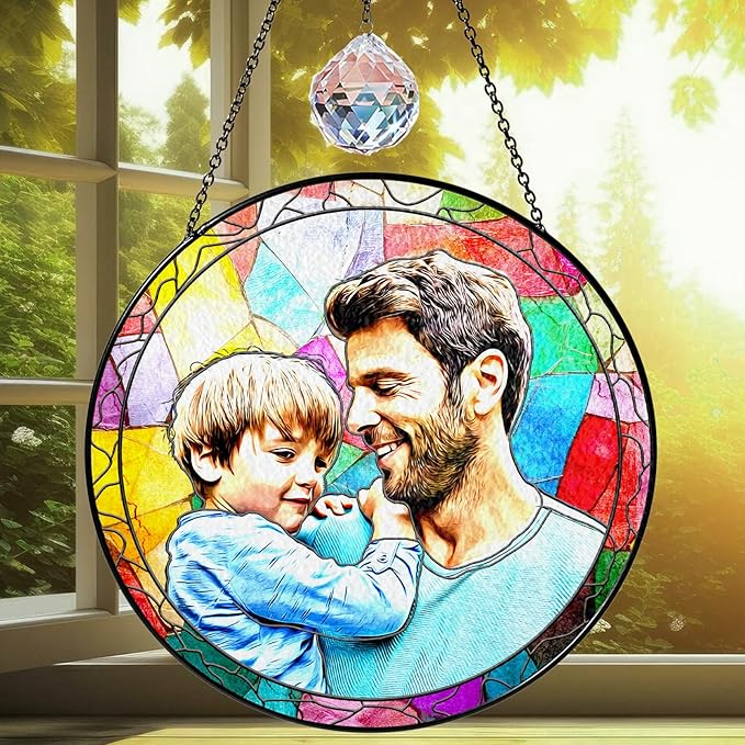 VINATIMES Personalized Grandpa Stained Glass Suncatcher, Photo Family Faux Stained Glass Window Hanging Ornament, Custom Photo Gift for Dad from Son Daughter, Birthday Gift for Grandpa, Uncle