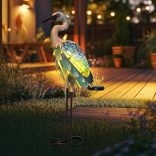 HONGLAND Solar Heron Metal Crane Statue Garden Heron Sculpture, Glass Outdoor Crane Yard Art Coastal Ocean Bird Decor 24 Inch Lawn Ornament for Backyard Porch Patio Decor(Green)