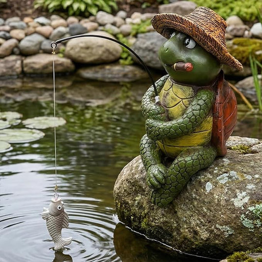 Elenon Fishing Turtle Garden Statue, 9" Turtle with Pole Decor for Koi Pond Waterfalls, Adorable Flower Bed Outdoor Yard Patio Art Decorative Sculptures Table Ornament