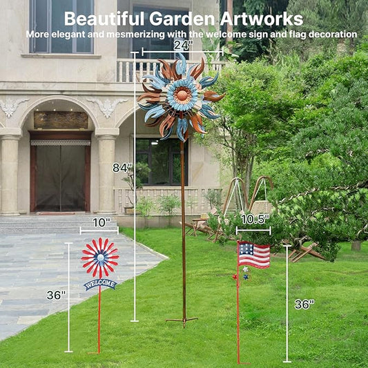 Wind Spinners Outdoor, 84" Large Metal Kinetic Wind Sculptures for Garden, Classic Yard Art with 2 Piece Welcome Flag Decoration