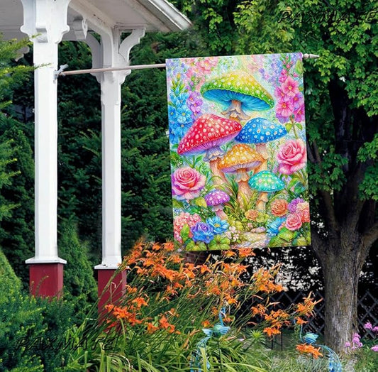 Spring Summer House Flag 28x40 Inch Double Sided Outside Colorful Mushroom Floral Flowers Outdoor Seasonal Holiday Welcome Yard Decoration
