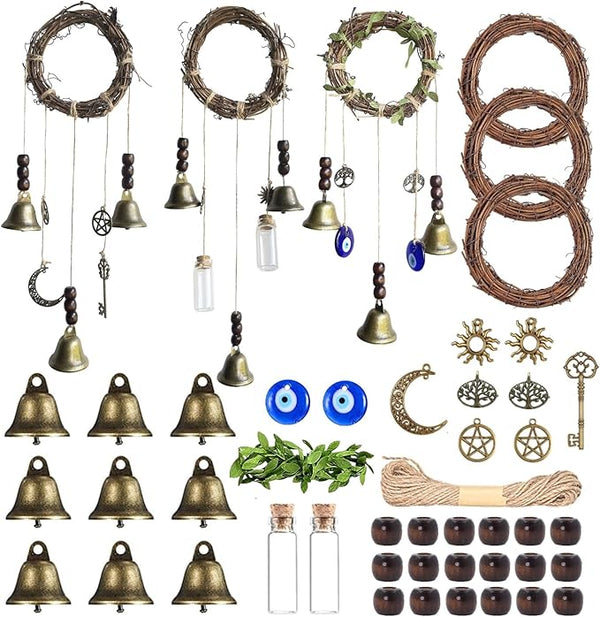 44 Pcs Witch Bells DIY Kit for Door Knob, with Wreaths Protection Witch for Bell Witchy Decor Hanging Wall Home Bedroom Garden Witchcraft Decorations Witches Wind Chimes Decor Retro Color