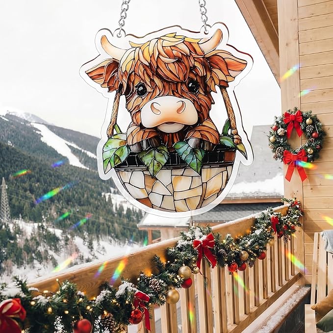 Yalikop 6 Inch Highland Cow Suncatcher Decor Faux Stained Glass Window Hanging Ornament Acrylic Highland Cow Gifts for Animals Lovers Home Garden Farmhouse Decoration