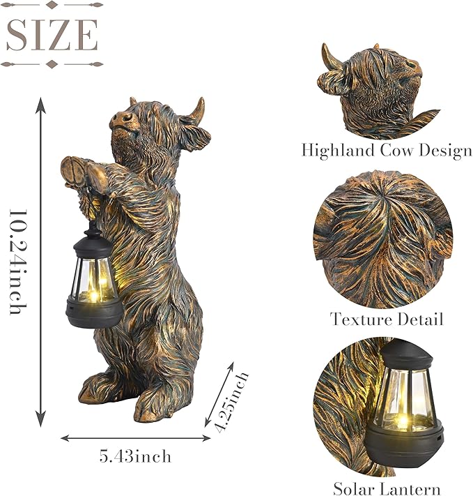 TERESA'S COLLECTIONS Highland Cow Garden Decor with Solar Lantern,High Mountain Yak Yard Decorations Outdoor, Holding Light Resin Outdoor Statues for Patio Porch Lawn,Gifts for Mom Dad 10"