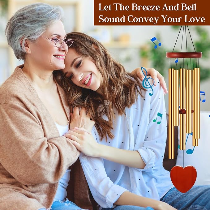 Leinuosen Wind Chimes for Outside Wind Chimes Outdoors Deep Tones 28" with 6 Aluminum Tubes Memorial Sympathy Windchime for Valentine Tree Decor Garden Courtyard Mom Loved One Gifts(Heart,Gold)