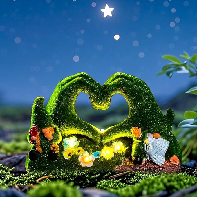 twinbling Garden Gnome Statue Heart-Shaped Moss Covered Outdoor Garden Decor Cute Gnomes Decorations for Home Patio Yard Balcony Lawn Decor Gifts for Mom Woman Grandma Dad