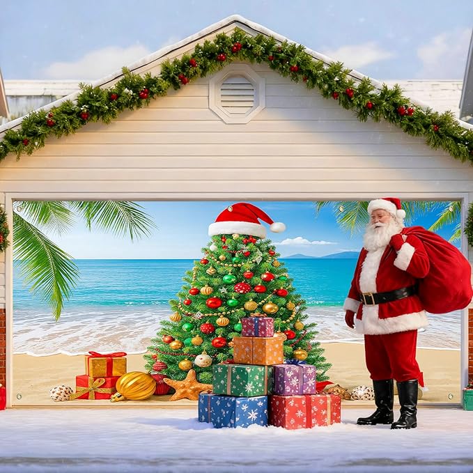 IVN Merry Christmas Garage Door Banner 13x6ft Festive Backdrop with Beach Christmas Tree Garage door cover Photo Prop Background for Joyful Holiday Yard Door Cover Background Outdoor Winter Scene
