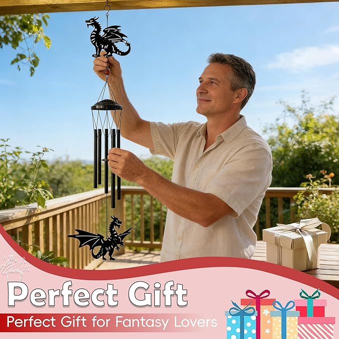 41" Adjustable Dragon Wings Wind Chimes for Outside Large Metal Wind Chime with Deep Tone,Black Matte Finish,Fantasy Outdoor,Indoor Decorative Windchimes,Unique Gift for Dragon Year & Fantasy Lovers