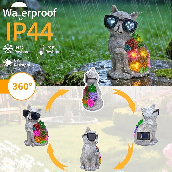 Solar Garden Statues Cat with Succulent and LED Lights Birthday Gifts for Women Mom Grandma Outdoor Decor for Patio Backyard Yard Lawn Decoration Unique Housewarming Gifts
