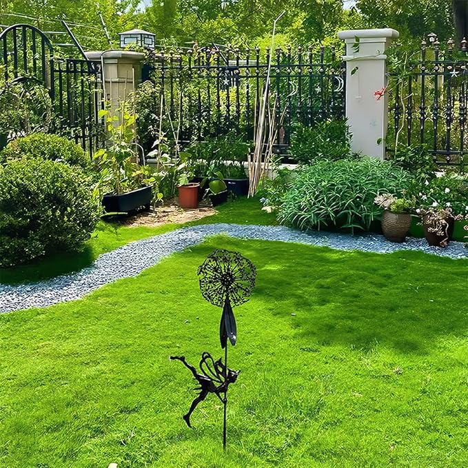 Flower Fairy Dancing with Dandelion Garden Sculpture,Angel Metal Ornaments Stainless Steel Statue Decorations,Wonderland Outdoor Yard Lawn Patio Stakes Sculptures Decor (D)