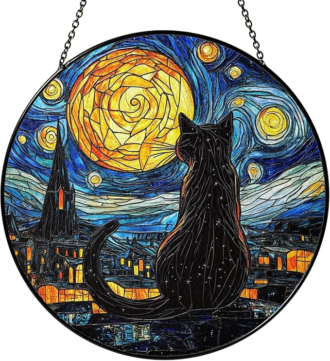 Black Cat Stained Glass Suncatcher Window Hanging Decor for Garden, Suncatcher Panel Ornament Decorations, Memorial Gifts for Cat Lovers, Women Pet Loss Sympathy Gift for Window Living Room Garden