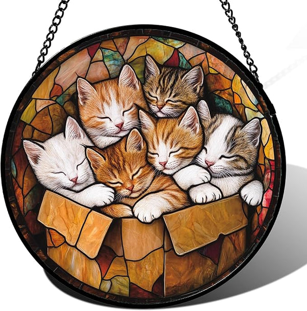 Stained Glass Window Hanging 6 Cute Kittens 7.8" - Cat Gift Suncatcher Door Sun Catcher Decor Birthday Christmas for Lost Pets Mom Men Woman Friend