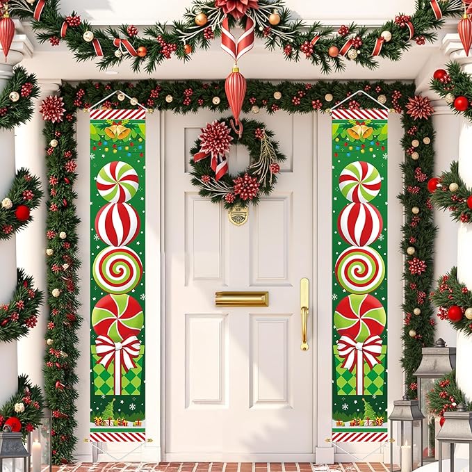 Ivenf Christmas Decorations Outdoor Yard: Large Peppermint Giftbox Front Porch Sign Set, Hanging Red Green White Door Banner Xmas Decorations for Home Wall Front Door Yard Garage Indoor Outdoor Decor