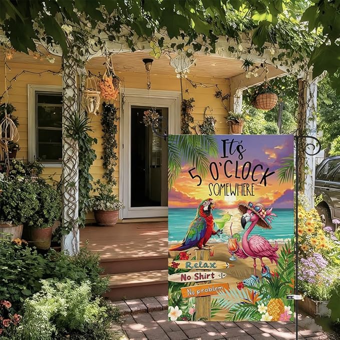 Baccessor Summer Garden Flag 12.5 x 18 Inch, Flamingo Its 5 O'Clock SOMEWHERE Double Sided Burlap Welcome Small Yard Flag Seasonal Holiday Lawn Proch Outdoor Outside Decor