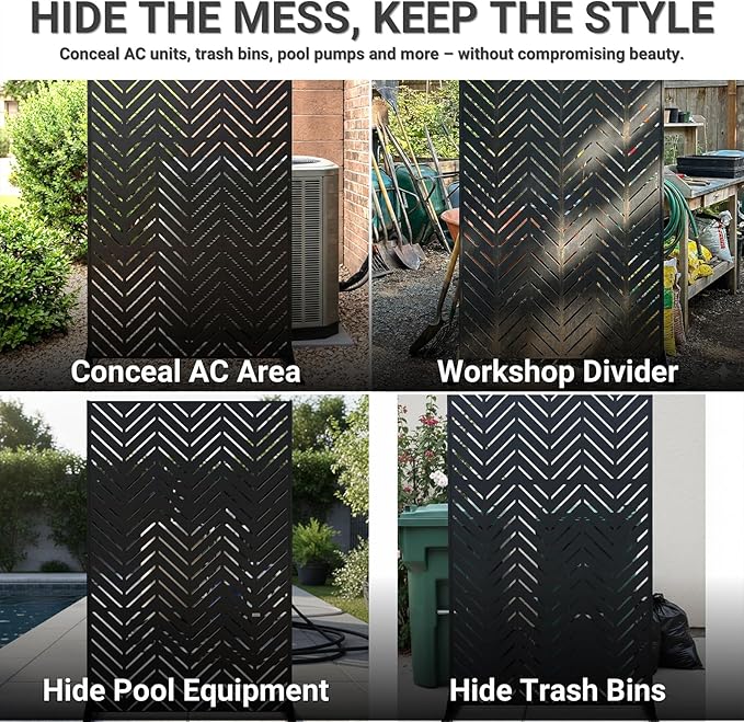Metal Privacy Screen Outdoor โ 6FT Freestanding Decorative Steel Panel with Stand, Laser-Cut Chevron Pattern Modern Privacy Divider, Rustproof & Weather-Resistant Screen for Patio, Garden & Backyard