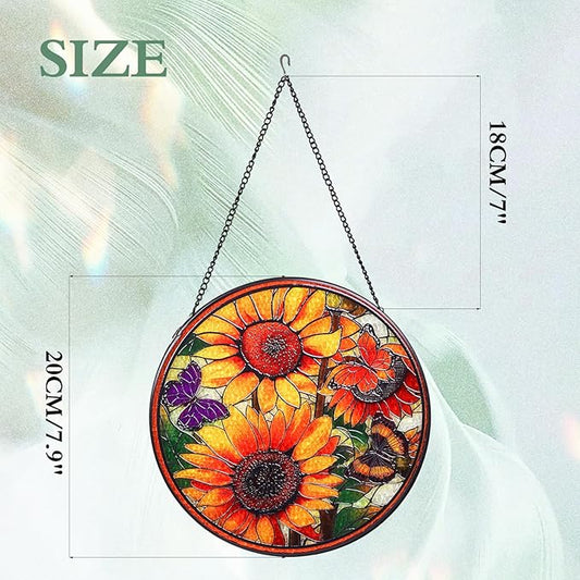 Sunflowers Stained Glass Window Hanging Suncatcher with Chain - 7.9" Outdoor/Indoor Art Decor for Home Garden, Wedding, Thanksgiving, Mother's, Valentine's & Christmas Ornaments Present
