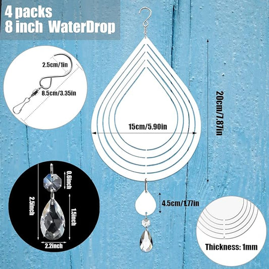 4Pack 8inch Sublimation Wind Spinner Blanks 3D Aluminum Metal Wind Sculpture Kinetic Spinners for Yard and Garden Indoor Art Ornaments Hanging Decoration (Water Drop)