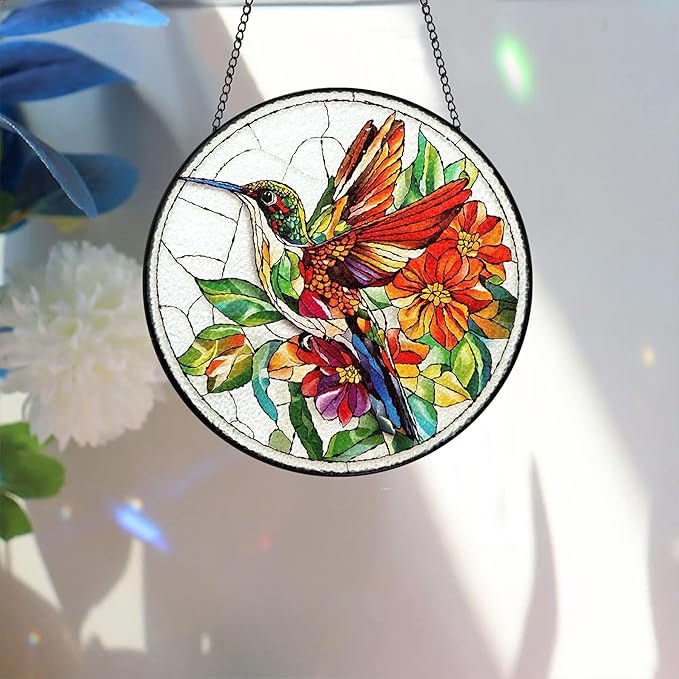 Bimkole Hummingbird Stained Glass Suncatcher Window Hanging - Flowers Design for Indoor Window or Doorway Decoration - 7.87x7.87 inch with Chain and Hook - Unique Home Decor Gift