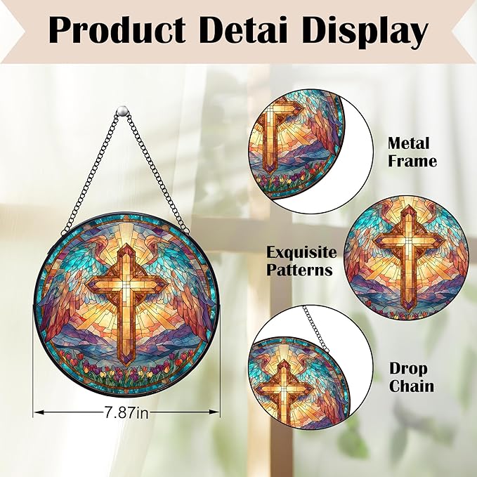 Cross Stained Glass Window Hanging Suncatchers, Christian Cross Sun Catchers Indoor Window Glass Wall Art Decor, Religious Biblical Wall Hanging Decorations Sculptures, 7.9x7.9in