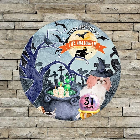 Retro Metal Sign 12"x12",Happy Halloween Scary Night Grave Witch Bats Trick Or Treat Dog Aluminum Tin Metal Sign for Home Living Room Bedroom Garden Farm Patio Decor Wall Art Poster