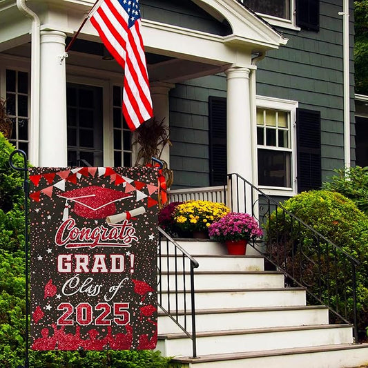 Graduation Garden Flag Class of 2025, Red Congrats Grade Flag for Outside Party Hanging Decorations 12x18 Inch Burlap