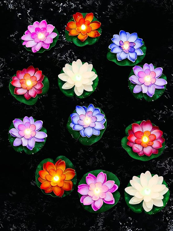 Hortsun 12 Pcs Floating Lotus Lights with Batteries Lily Pads Pool Flowers Floating Candles Decor Artificial Pond Plants Decorations for Pool Pond Outdoor Indoor (Multicolor,3.94 Inch)