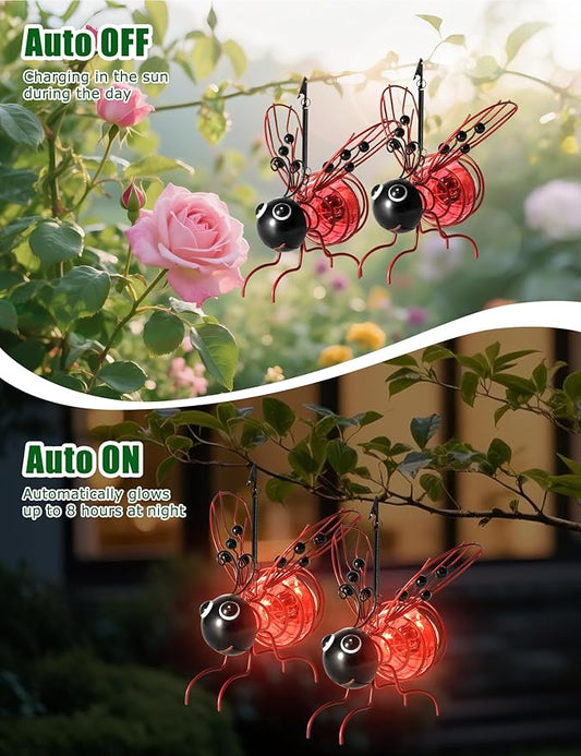 Solar Bees Lights Outdoor, 2026 New Hanging Bee Solar Garden Light,IP44 Waterproof,Outdoor Statues Figurine Lights Decorations for Balcony,Garden,Porch,Courtyard Decoration (Red 2Pcs)