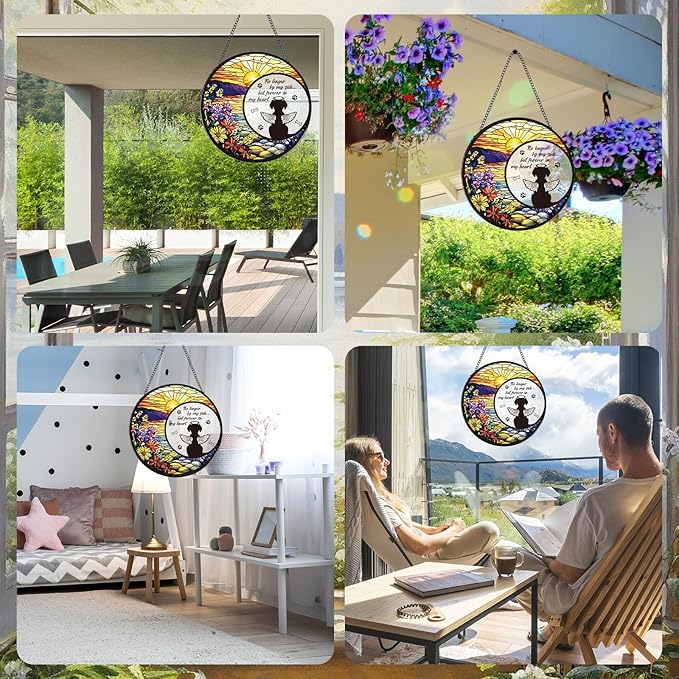 Dog Stained Glass Window Hanging, Animal Catchers Indoor Window Gifts for Loss of Dog Sympathy Remembrance, Angel Wings Pet Loss Bereavement Gift for Home Garden Doors Christmas