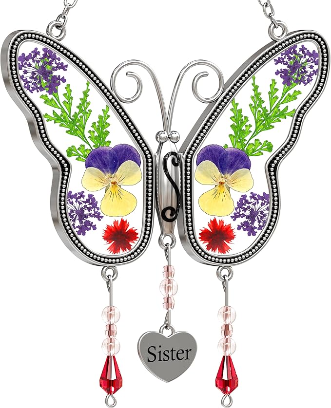KY&BOSAM Suncatcher Butterfly Stained Glass Sister Suncatchers Hangings for Window Wind Chime Ornament with Pressed Dried Flower Wings Embedded in Glass for Mom Birthdays Christmas