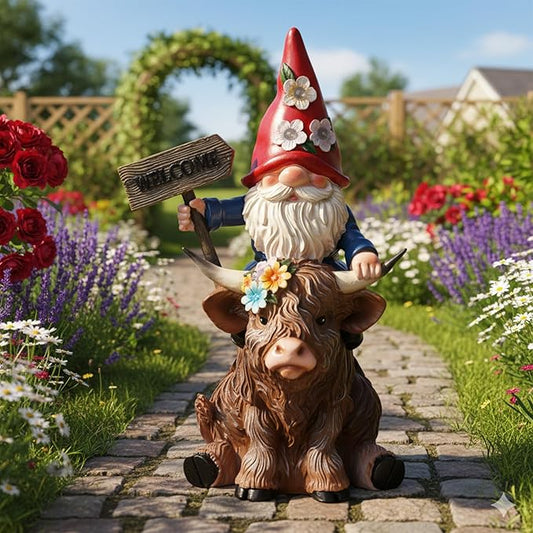 Solar Highland Cow Statue with Gnome Holding Welcome Sign Resin Highland Cow Figurines 9.2" Waterproof for Outdoor Lawn Yard Porch Patio Decor Housewarming Gifts for Women Mom Grandma
