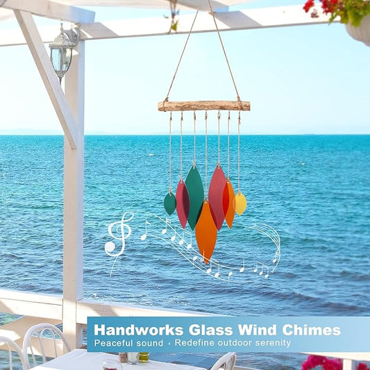 Sea Glass Wind Chimes Art Decor - Stained Glass Suncatcher Window Hanging, Driftwood Hand Crafted Design Beach Wind Chimes - Patio Garden Yard Decor Home Decor (Colorful)