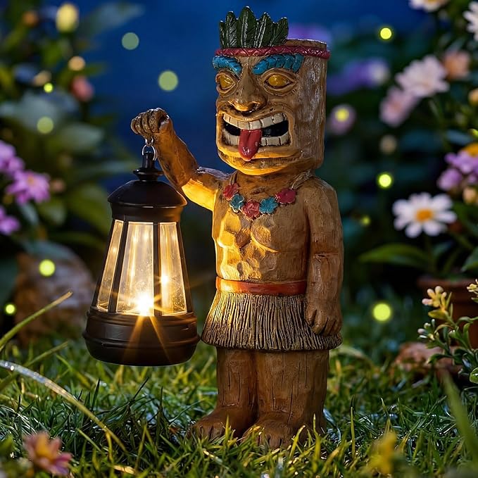 Tuanse 9.5" H Solar Tiki Statue Bar Decorations Outdoor Garden Patio Hawaiian Luau Tiki Figurine with Solar Lantern Light Tropical Summer Decor for Lawn Yard Pool Housewarming Birthday Funny Gift