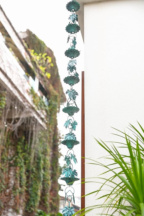 Antique Blue Leaves with Cup Rain Chain for Gutters, Functional and Decorative Replacement Downspout Chain for Outside, Metal Rain Catcher Chain, 8.5FT