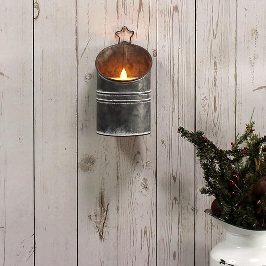 CVHOMEDECO. Vintage Galvanized Can Flameless LED Candle, Real Wax in Antique Galvanized Jar Flickering Candle with Remote Control for Tabletop Wall Decor. H 8 Inch