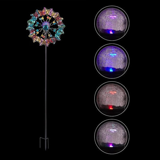 Alpine Corporation 60" Tall Outdoor Solar Metal Butterfly Wind Spinners with Color Changing LED Lights, Garden Decor, Multicolor
