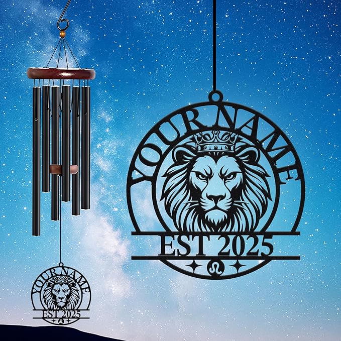 Personalized Customize Name 12 Zodiac Signs Wind Chime, Metal Iron 37 Inch Outdoor Memorial Gift for Garden Yard Patio Home Decor, Black (Leo)