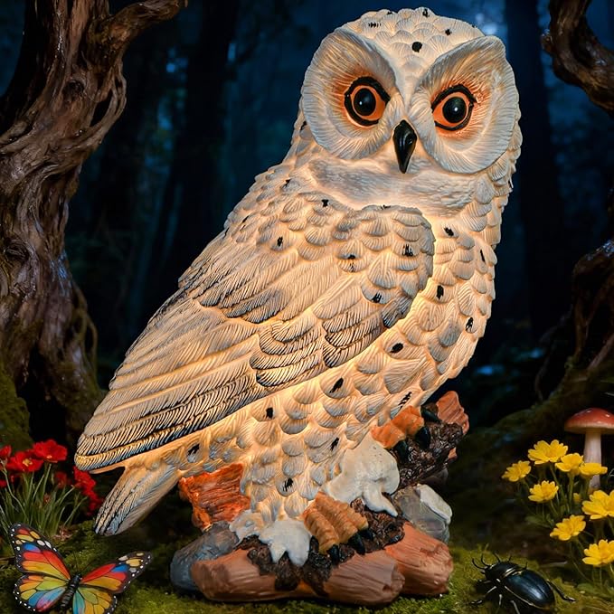 Solar Owl Garden Outdoor Statue,Owl Figurine Sculpture with LED Lights for Porch Patio Lawn Yard Deck Spring Decor - Ideal Easter Day Housewarming for Women Men Owl Lover(White)