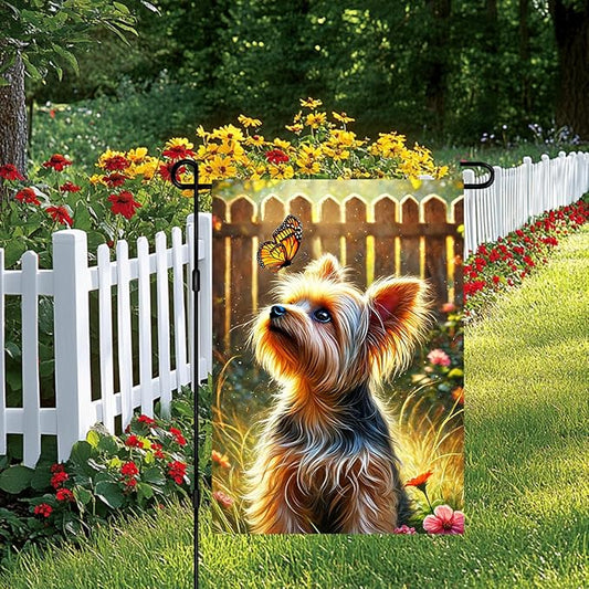 BlissYard Spring Summer Garden Flag 12x18 Inch Dog Flag Double Sided Yorkshire Terrier Butterfly Garden Flags Outdoor Yard Lawn Porch Patio Decor Banner for Pet Lovers