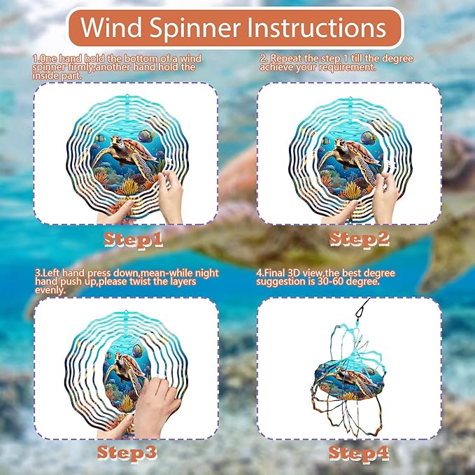 3D Sea Turtle Wind Spinner 10 Inch Ocean Theme Metal Art Stainless Steel Kinetic Art Hanging Spinner for Indoor and Outdoor Garden Decoration