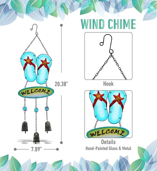 CoTa Global Welcome Flip-Flop Hanging Wind Chimes - Aqua Nautical Wind Chimes for Outside, Sea Glass Art Glass Wind Chimes for Outdoors and Indoors, Perfect Sea Glass Decor for Garden Decoration Art