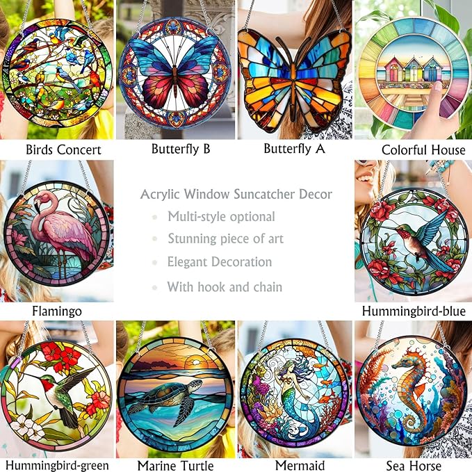 7.9'' Acrylic Window Suncatcher Decor,Stained Panel Hangings Decorative Acrylic Wall Decor Colorful Ornament Window Hangings for Outdoor Indoor Decor(Hummingbird-Blue)