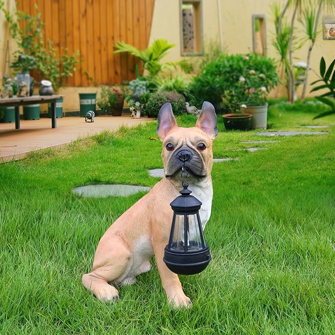 Elegant French Bulldog Dog Sculpture with Solar Lantern & Double-Sided 'On Patrol' & 'Welcome' Signposts – Premium Resin Statue for Outdoor Garden, Patio, Yard Decoration