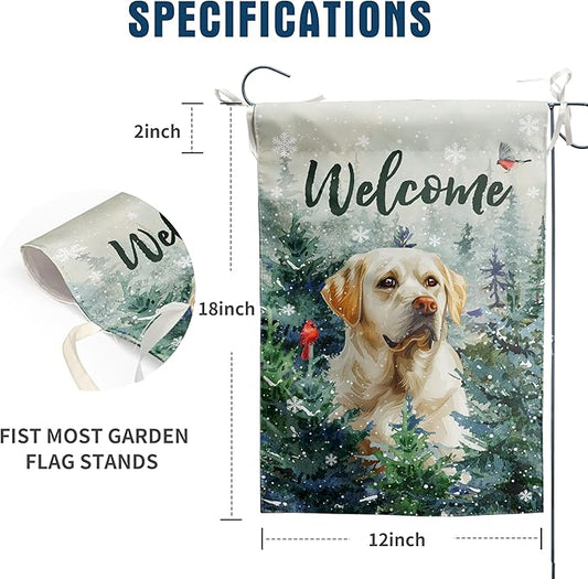 Welcome Winter Garden Flags White Lab Garden Flag Cardinal Birds on Snowy Pine Tree Flag Labrador Dog Yard Flags for Outside 12x18 Double Sided Christmas Decorative Lawn Flags