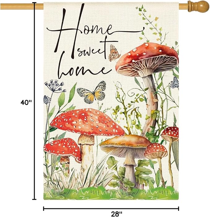 AVOIN colorlife Home Sweet Home Spring Mushrooms House Flag 28 x 40 Inch Double Sided, Seasonal Flowers Welcome Yard Outdoor Flag