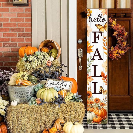 Hello Fall Porch Sign Autumn Pumpkin Maple Leaf Welcome Sign Vertical Standing Sign For Front Porch Decor Farmhouse Hanging Wall Sign for Patio Yard Party Indoor Outdoor Thanksgiving Decoration 47.2"H