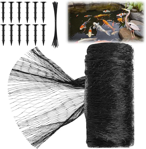 Koi Pond Netting Kit 7 x 10ft, Bird Deer Fence Netting, Durable Net Cover for Leaves, Heavy Duty Fine Mesh, Protect Fish from Blue Heron Birds, Cats & Predators, 12 Pcs Stakes & Ties Included